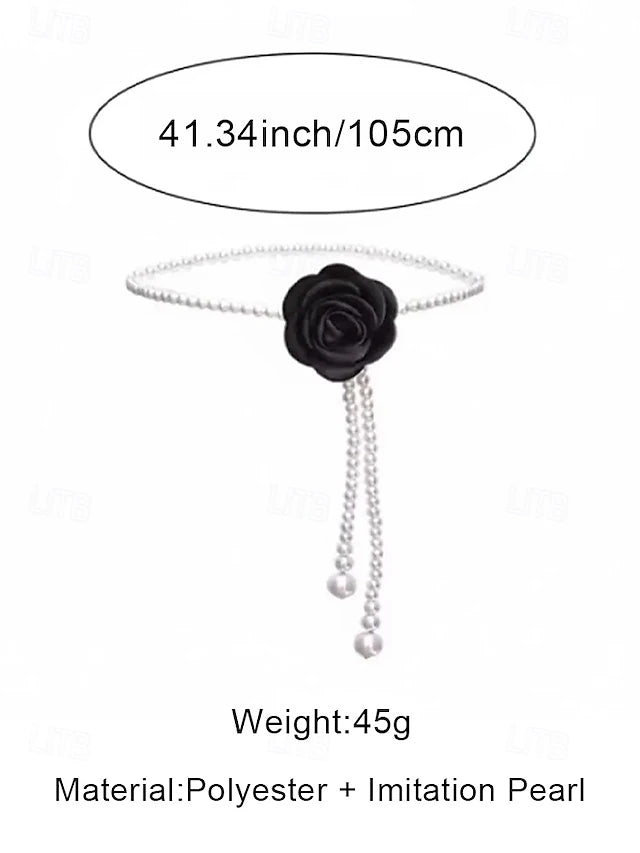 ✨🌸 Elegant Black & White Pearl Waist Chain – Floral Camellia Belt for Women