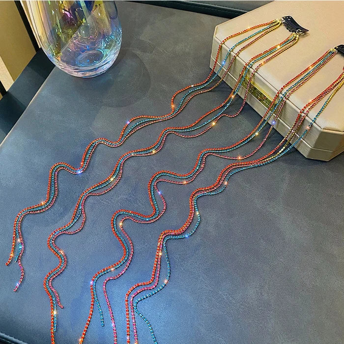 Coloured Rhinestone Chain Tassel Hair Clips Headband for Bride