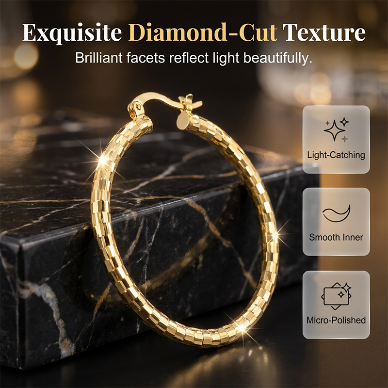 💥 Women's Minimalist Textured Hoop Earrings – Diamond-Cut, Snap Closure, Everyday Glow ✨