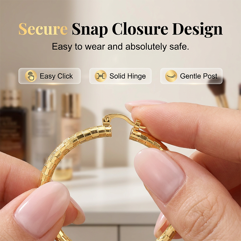 💥 Women's Minimalist Textured Hoop Earrings – Diamond-Cut, Snap Closure, Everyday Glow ✨