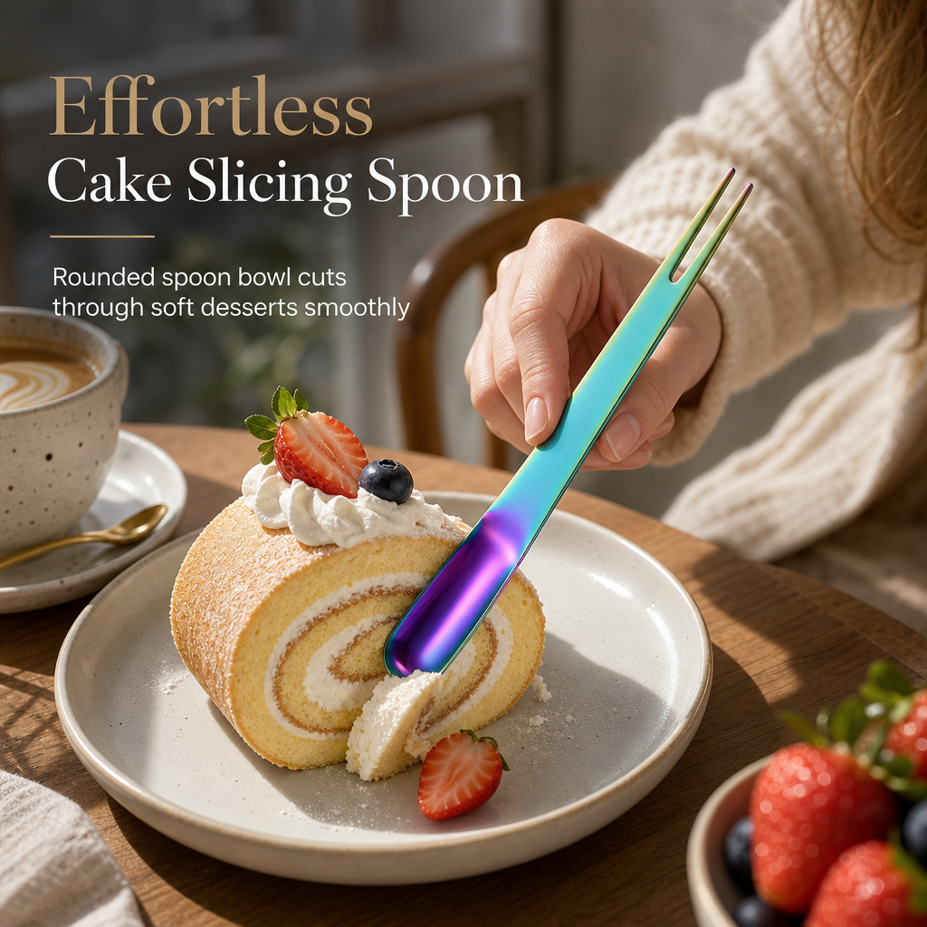 🍓✨ 4PCS 2-in-1 Stainless Steel Dessert Spoon & Fruit Fork Set 🍴