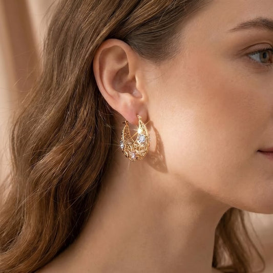 🌸 Women's Vintage Flower Hoop Earrings 💎 | 14K Gold Plated Tri-Color Filigree Basket Design ✨