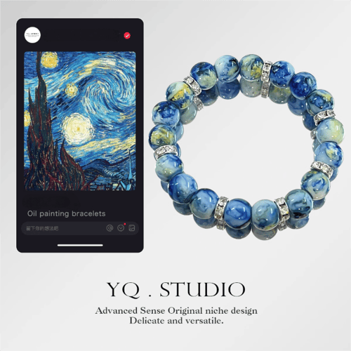 🌌💙✨Van Gogh Starry Night-Inspired Bracelet – Oil Painting Style 🎨, Elegant Vintage Design 🕊️ with Blue and Colorful Accents 🌈💫