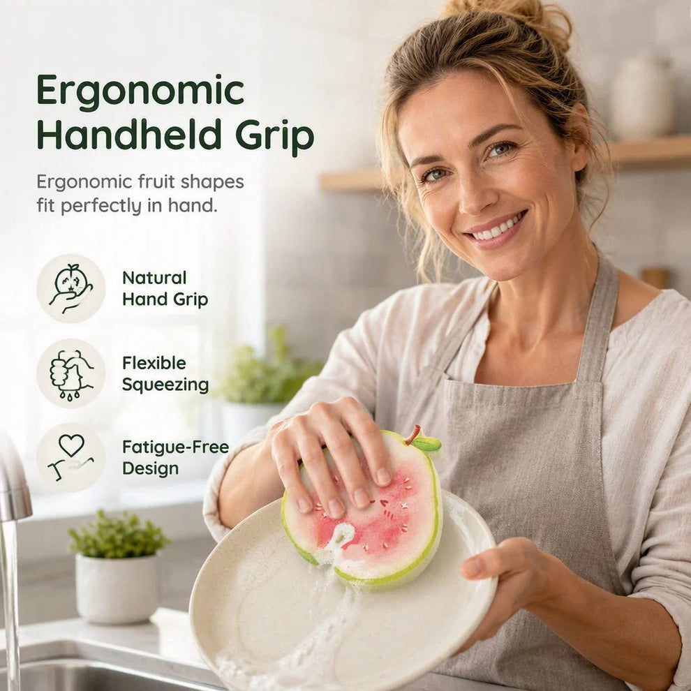 🔥 BEST SELLER — 50% OFF! 🥗✨ 4-PCS Cute Fruit-Shaped Dishwashing Sponge Brush 🍲🧽