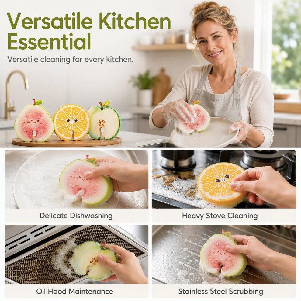 🔥 BEST SELLER — 50% OFF! 🥗✨ 4-PCS Cute Fruit-Shaped Dishwashing Sponge Brush 🍲🧽