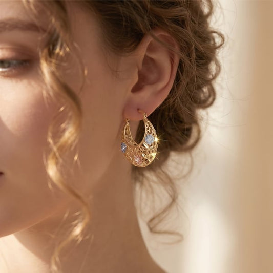 🌸 Women's Vintage Flower Hoop Earrings 💎 | 14K Gold Plated Tri-Color Filigree Basket Design ✨