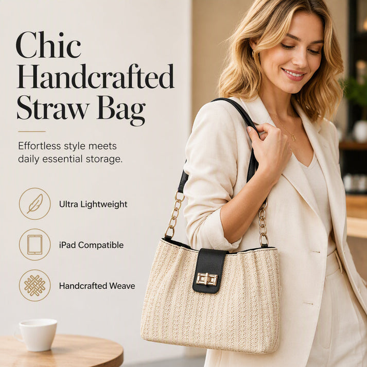 👜 Chic Woven Straw Shoulder Bag 🌿 | Stylish Faux Leather Trim | Perfect for Everyday & Vacation Looks ✨