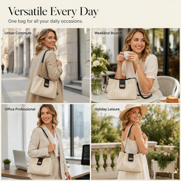 👜 Chic Woven Straw Shoulder Bag 🌿 | Stylish Faux Leather Trim | Perfect for Everyday & Vacation Looks ✨